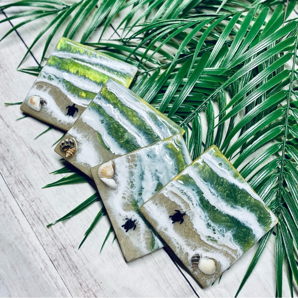 *SOLD OUT* Handmade Seaweed Holographic Resin Square Beach Coaster Set